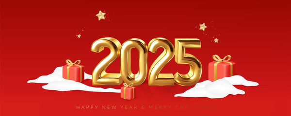 Naklejka premium Christmas and New Year 2025 greeting card with golden realistic metallic numbers. 