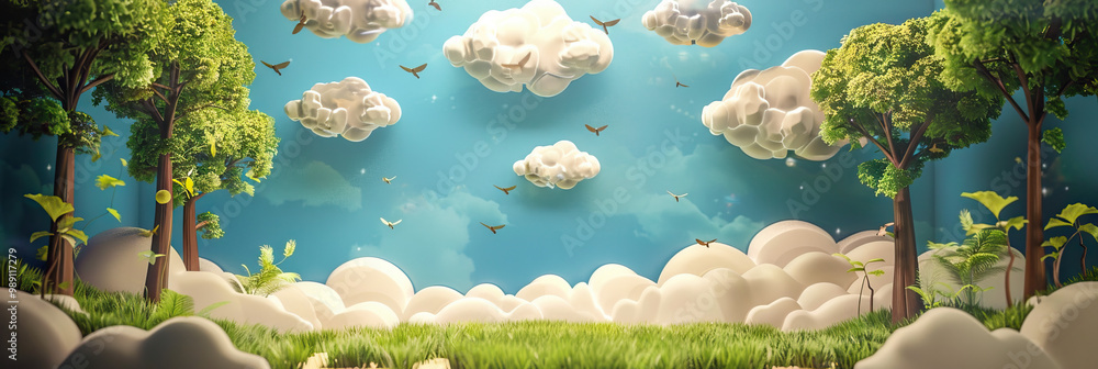 Wall mural a game show stage with an outdoor adventure theme, featuring trees, clouds, and grass in shades of g