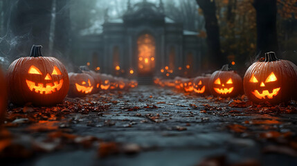 Jack-o'-Lantern Path Leads to Mysterious Building on Halloween Night