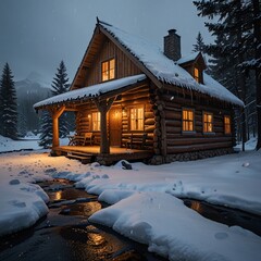 A cozy mountain cabin surrounded by a snow-covered landscape, as a gentle winter rain falls, icicles forming on the roof and the ground glistening with icy droplets