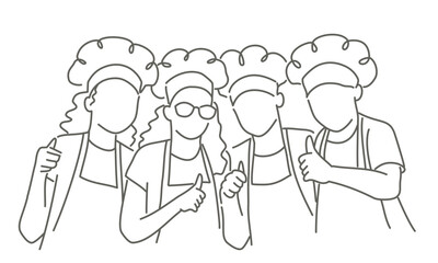 Group of chefs, kids are standing together and giving thumbs up