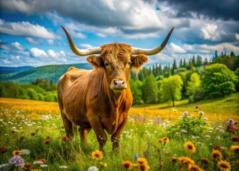 A majestic ox with curved horns and rusty brown coat stands in a lush green meadow surrounded by blooming wildflowers on a sunny day.