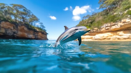 Dolphin Jumping in Clear Blue Water Under Bright Sky