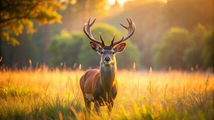 Obraz premium Majestic deer in sunlit meadow with beautiful antlers in late afternoon light