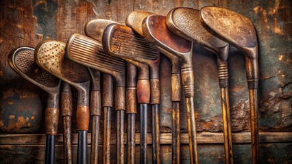 Vintage rusted golf clubs arranged showcasing their age and beauty for history enthusiasts