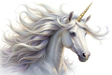 A majestic, shimmering unicorn head with a delicate horn, flowing mane, and gentle eyes, suspended in mid-air on a soft, dreamy white background.