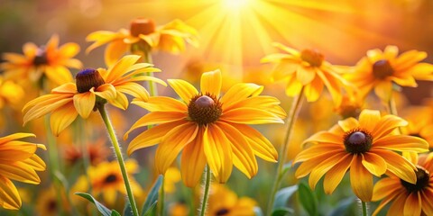 Obraz premium Vibrant yellow rudbeckia flowers glowing in the golden evening sunlight