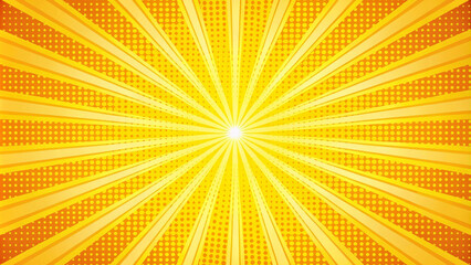 Bright yellow rays radiate from central point, creating vibrant pop art background. This energetic design evokes feelings of excitement and positivity