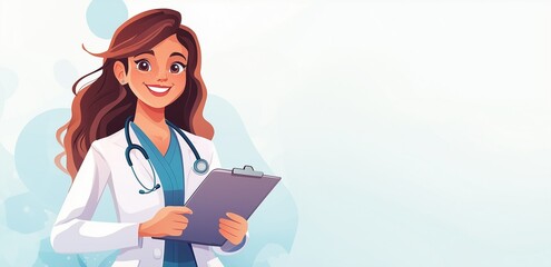 A promotional image, poster, banner with free space for text. A friendly female doctor with a warm smile, wearing a white lab coat and stethoscope around her neck. She is holding a clipboard. patient