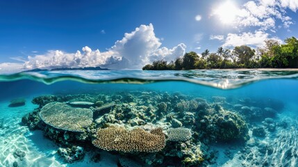 Vibrant Coral Reef Under Clear Blue Ocean Water