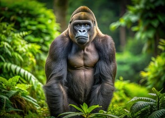 A majestic western lowland gorilla stands upright in a lush green forest, its expressive face and powerful physique captivating against a soft, natural background.