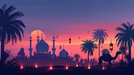 Camel Silhouette at Sunset with Mosque and Palm Trees