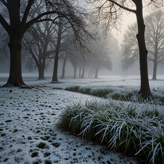 A foggy winter morning with a light drizzle, frost clinging to the grass, and rain dripping slowly from snow-covered branches, creating a serene, cold atmosphere