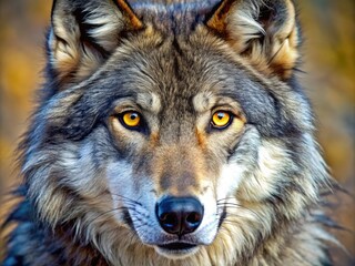 Obraz premium A majestic wolf's face gazes directly into the camera, its piercing yellow eyes and sharp teeth conveying a sense of wild, untamed power.