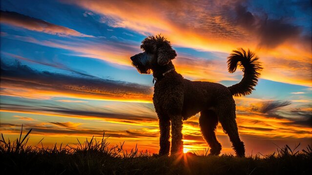 A majestic Whoodle's dark outline stands out against a vibrant sunset, its ears perked up, and tail held high, casting a memorable shadow on the horizon.