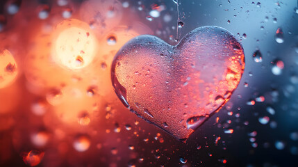 Heart Shaped Water Drop on Window with Blurry Lights