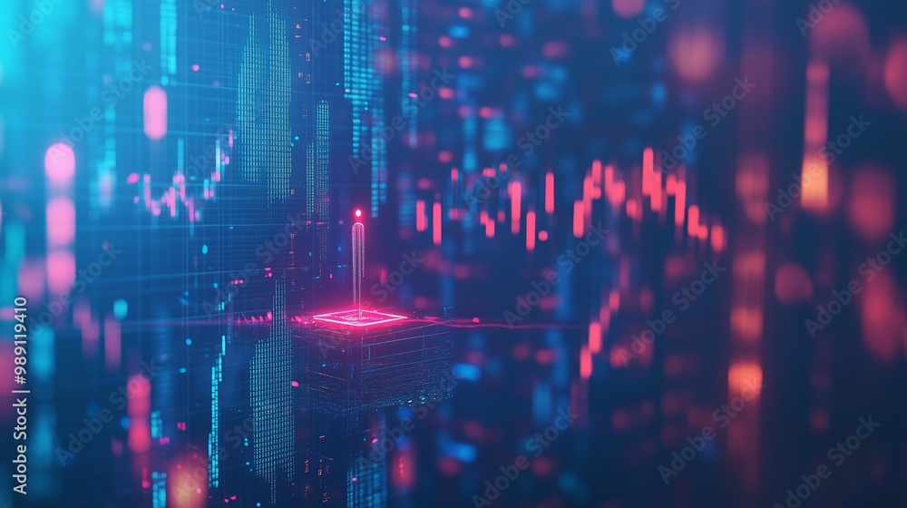 Poster digital finance market analysis visualizing data trends with vibrant colors in an abstract design