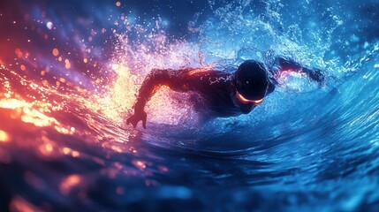 a swimmer is showcased in a dynamic futuristic scene diving through a combination of blue and fiery water the image is filled with energy and motion highlighting physical strength