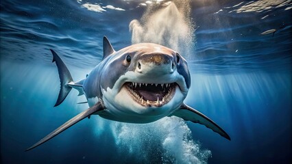 A menacing great white shark swims aggressively towards the camera, its sharp teeth and pointed fins magnified against a dark blue ocean background.