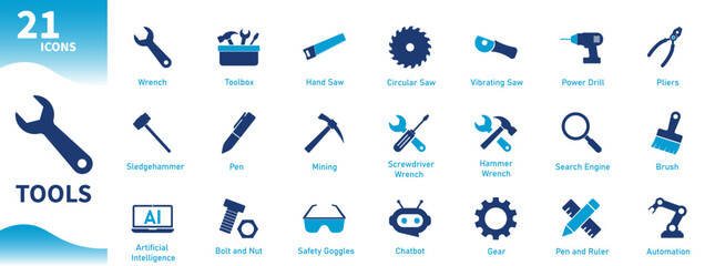 Tools icon set. Solid vector icons of wrench, gear, engineering, construction, hammer, AI.