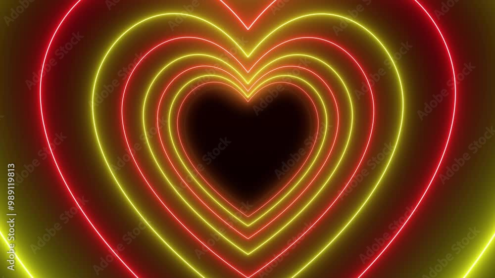 Poster video animation of many hearts in neon red and yellow on dark background - abstract background - sea