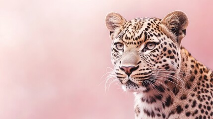 Naklejka premium A close-up of a leopard against a soft pink background, showcasing its striking features.