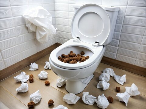 A messy brown pile of human feces sits on a pristine white toilet seat, surrounded by a scattered roll of toilet paper and a few stray wipes.