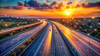 Obraz premium A stunning highway at sunset, showcasing vibrant colors and dynamic light reflections on road. scene captures beauty of nature and modern infrastructure harmoniously