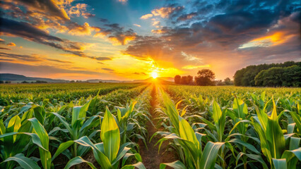 A beautiful corn field at sunrise, showcasing vibrant green plants under colorful sky filled with clouds and sunlight. scene evokes sense of tranquility and natural beauty