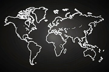 A minimalist illustration of the world map's outline in thin white lines on a solid black background, highlighting continents, countries, and geographical boundaries with precision.