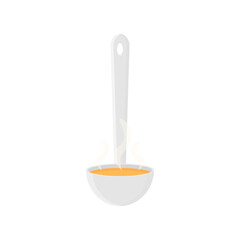 Metal ladle with hot soup in cartoon style on a white background. Chef tools in a restaurant. Kitchenware.