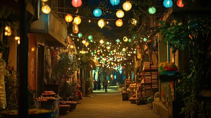 Vibrant Lanterns Illuminate Night Market Street