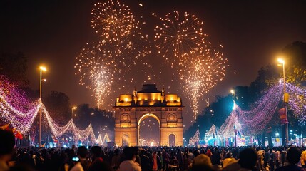 Obraz premium Festive Night Celebration at India Gate with Fireworks