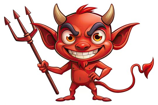 A mischievous, red-skinned cartoon devil with horns and a pointed tail holds a pitchfork, sporting a sly grin and expressive eyebrows in a playful pose.