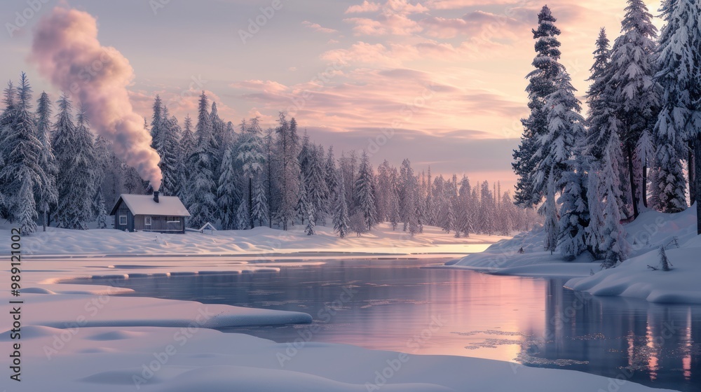 Canvas Prints Winter Wonderland Cabin by the Lake