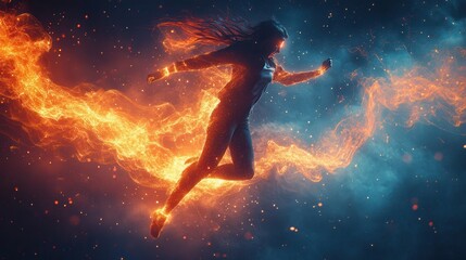 Naklejka premium A woman imbued with fiery energy streaks through the cosmos her form glowing with intense power creating a mesmerizing display of light and strength against a cosmic background