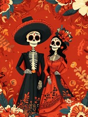 Fototapeta premium A colorful illustration of two skeletons in traditional attire, surrounded by vibrant floral patterns, celebrating the Day of the Dead.