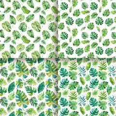 Tropical Leaves Watercolor Seamless Pattern Set