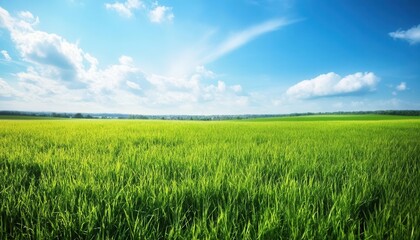 Obraz premium Vast green grass field under a bright blue sky with fluffy white clouds.