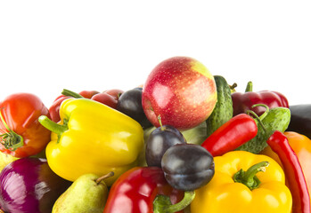 vegetables and fruits isolated on a white background. Free space for text.