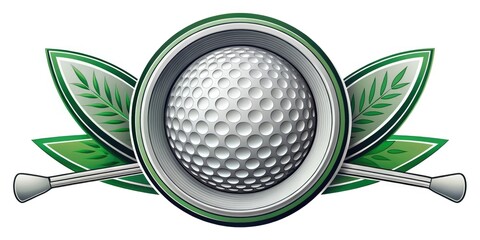 A modern, vector golf logo featuring a stylized ball and club intersection, surrounded by a circular border with a subtle gradient and intricate details.