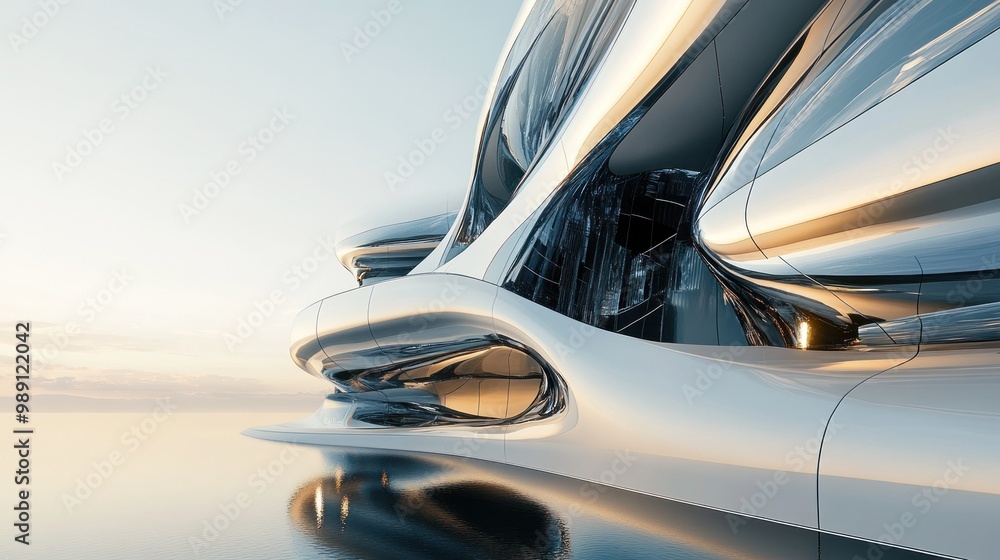 Poster a futuristic architectural structure with smooth, flowing forms reflecting in water.