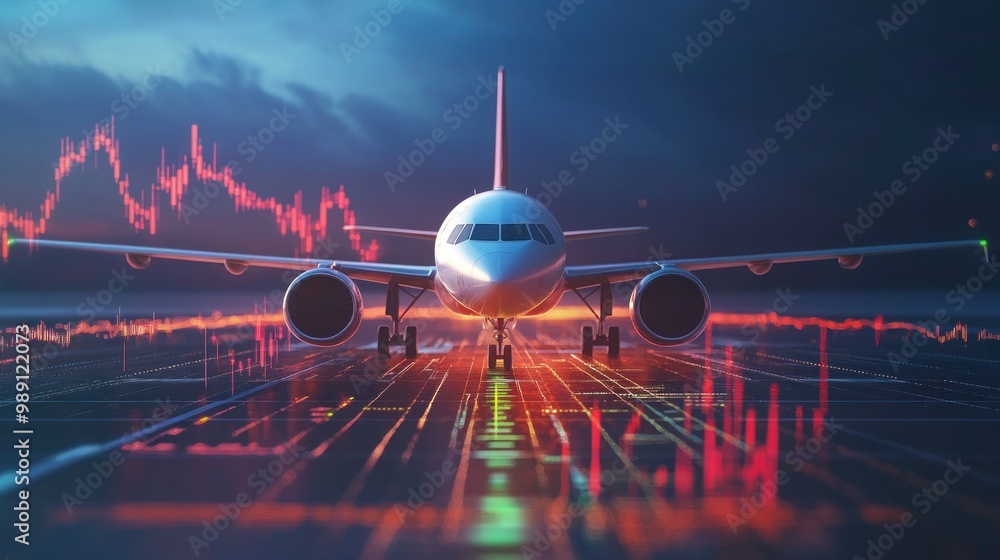 Poster a futuristic airplane with data visuals, symbolizing aviation and technology integration.