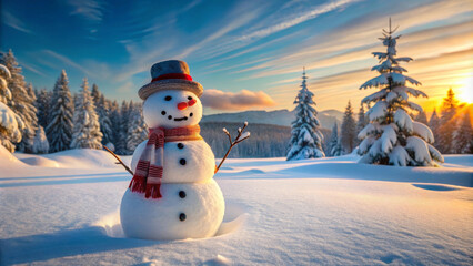Obraz premium A cheerful snowman stands in serene winter landscape, surrounded by snow covered trees under beautiful sunset sky. scene evokes sense of joy and tranquility