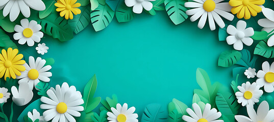 Obraz premium Decorative frame of handmade paper daisies and green foliage arranged on a solid teal background for a seasonal spring banner template with copy space.