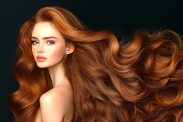 Obraz premium Hairdressing advertising logo beauty salon poster banner long red brown curly hair. Shampoo serum conditioner products. 