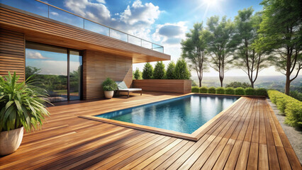 A serene wood terrace features tranquil pool surrounded by lush greenery and modern architecture, perfect for relaxation and enjoying natures beauty