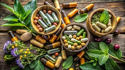 Assorted herbal supplements and natural vitamins in various shapes sizes and colors arranged in wooden bowls on a rustic wooden background with fresh leaves and flowers
