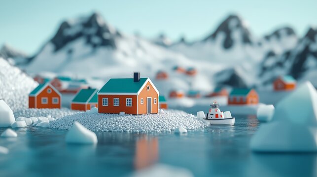Coastal village with icy harbor