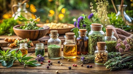 Glass jars contain a variety of herbs spices and essential oils The jars are placed on a rustic wooden table with fresh garden plants in the background Providing a natural setting